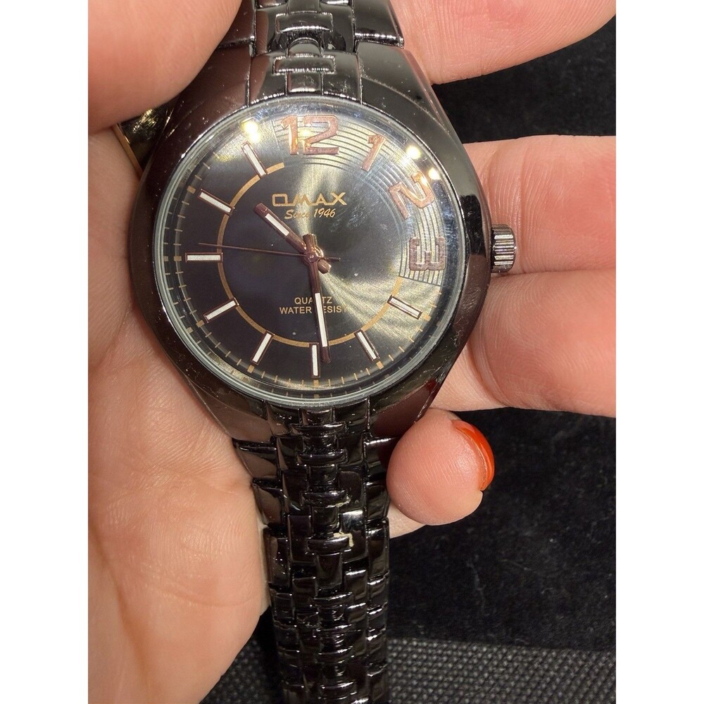 OMAX Since 1946 Women’s Black Quartz Wrist Watch Rose Gold Accents Water Resist